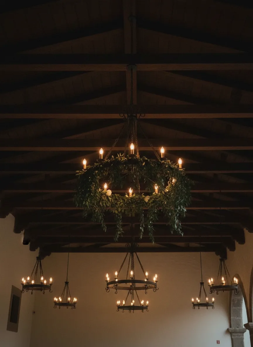 Candelabro de hierro con velas sobre las vigas de madera