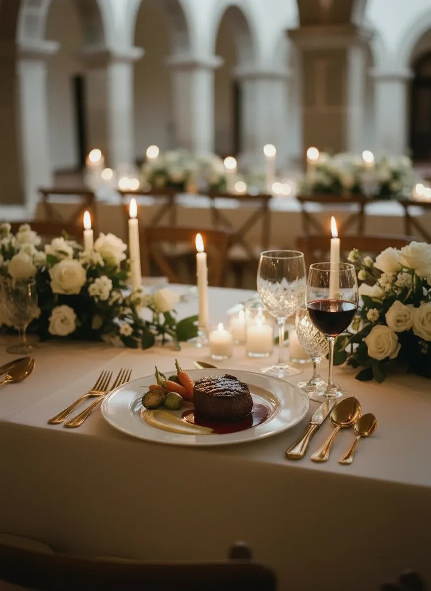 Plato de filete a la luz de las velas
