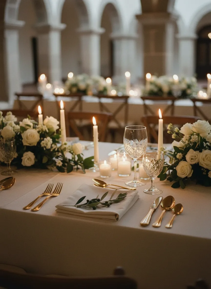 Mesa con rosas blancas y velas