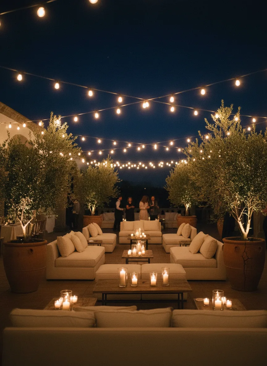 Terraza con foquitos y salas de lino